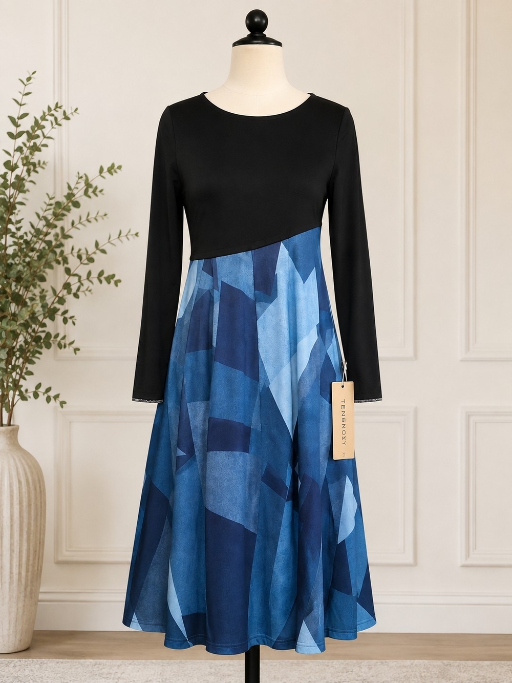 Tendency NWT Black Blue Geometric Colorblock Long Sleeve Midi Dress L